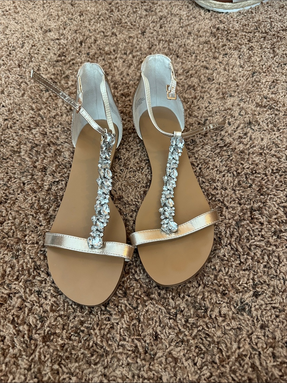 Women's Gold T-Strap Jeweled Sandals